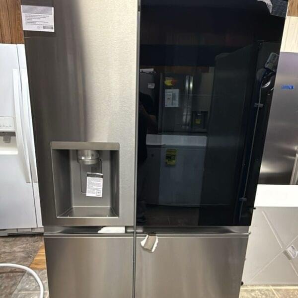 New LG stainless steel side-by-side refrigerator featuring the InstaView glass panel on display at our Virginia showroom.